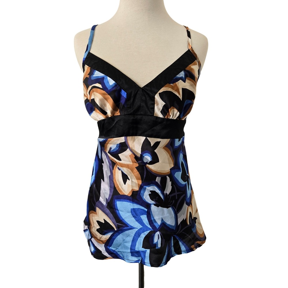 Y2K Mixit Womens Blue Floral Empire Waist Cami Top Smocked Back Tie Sash Medium